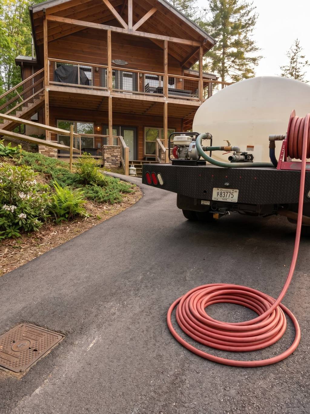 The back of the water delivery truck with its red fill hose reeled up, parked in front of a multi-story wooden cabin